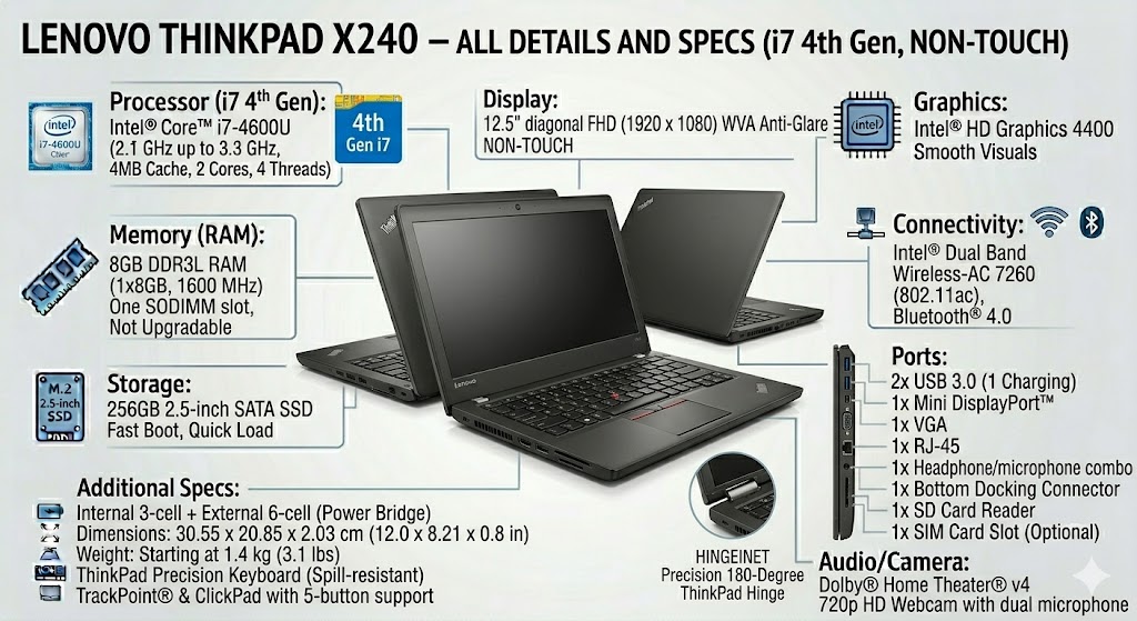LENOVE THINKPAD X240 i7 4TH 8GB RAM 256 SSD NONTOUCH